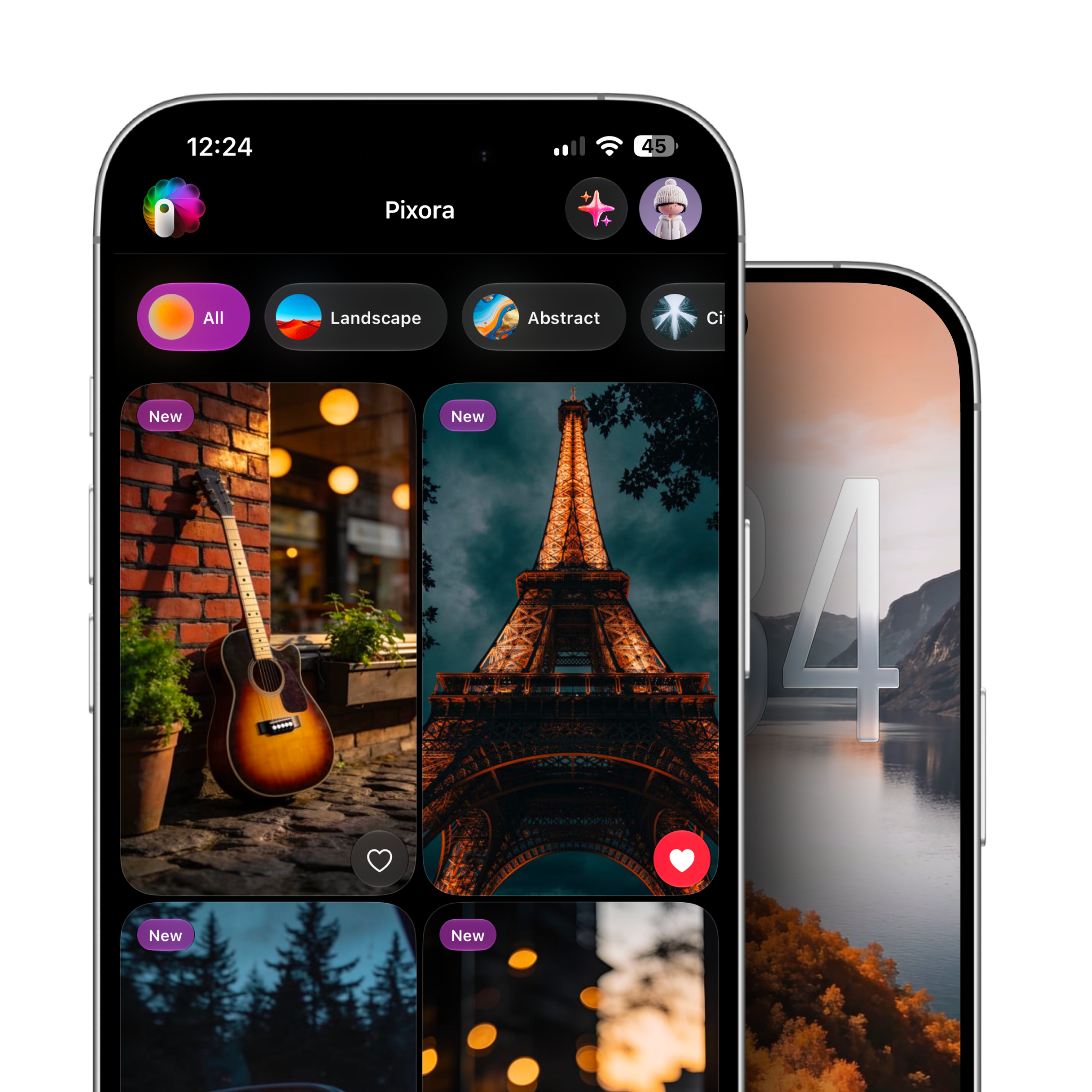 Pixora app interface displayed inside an iPhone
