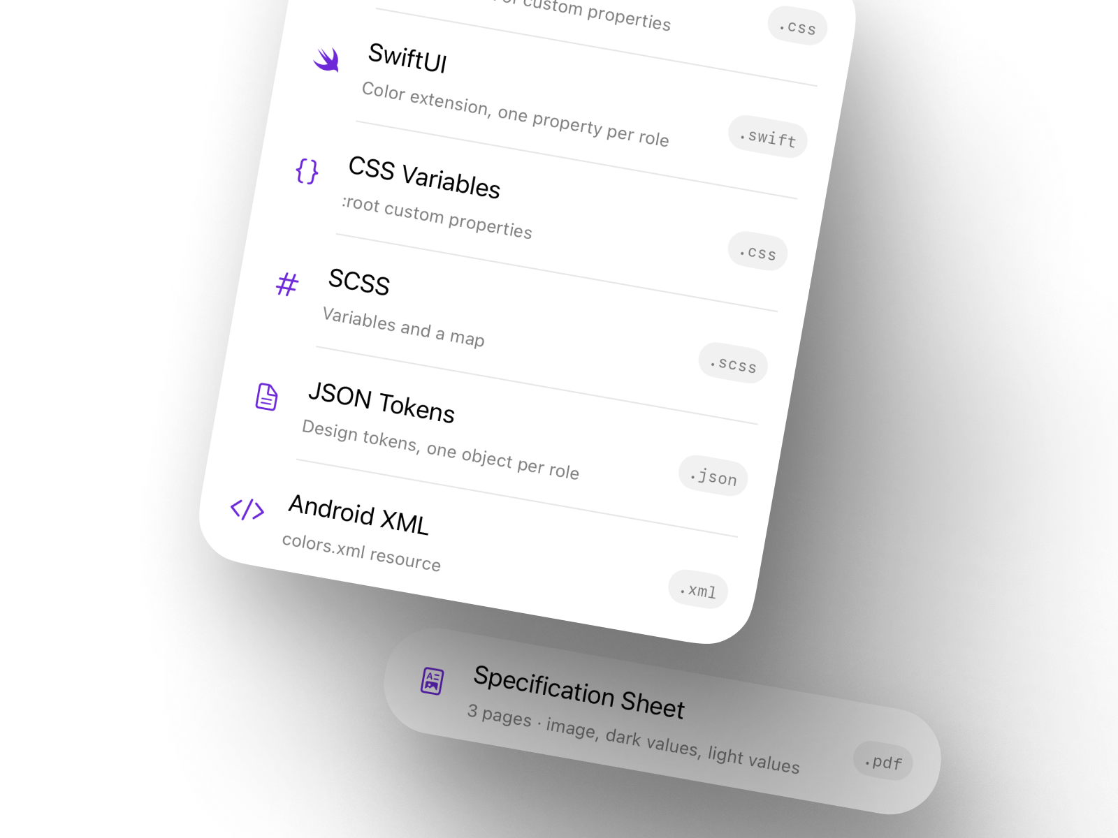 SwatchForge export options including SwiftUI, CSS, SCSS, JSON tokens, and Android XML