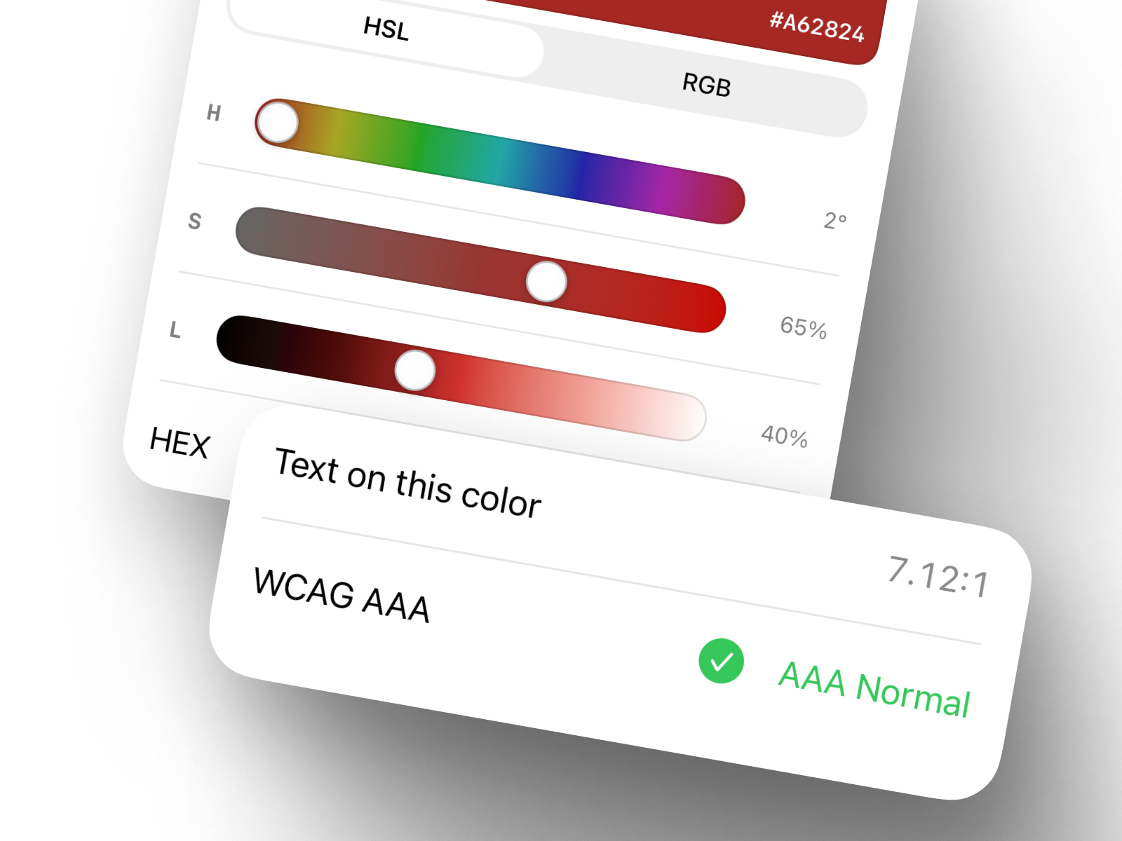 SwatchForge color editor with HSL sliders and a WCAG AAA contrast reading
