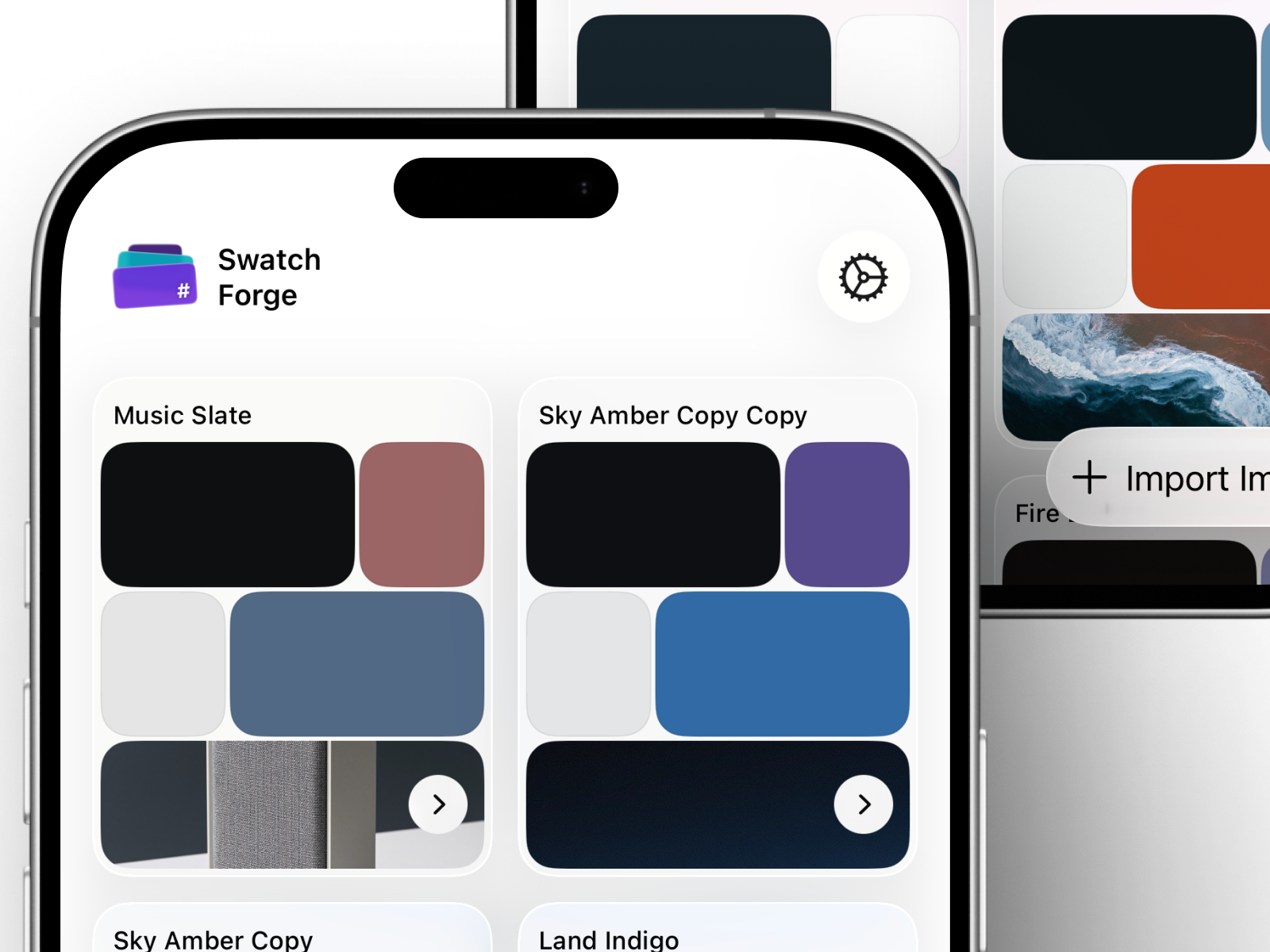 SwatchForge palette library showing saved palettes on an iPhone