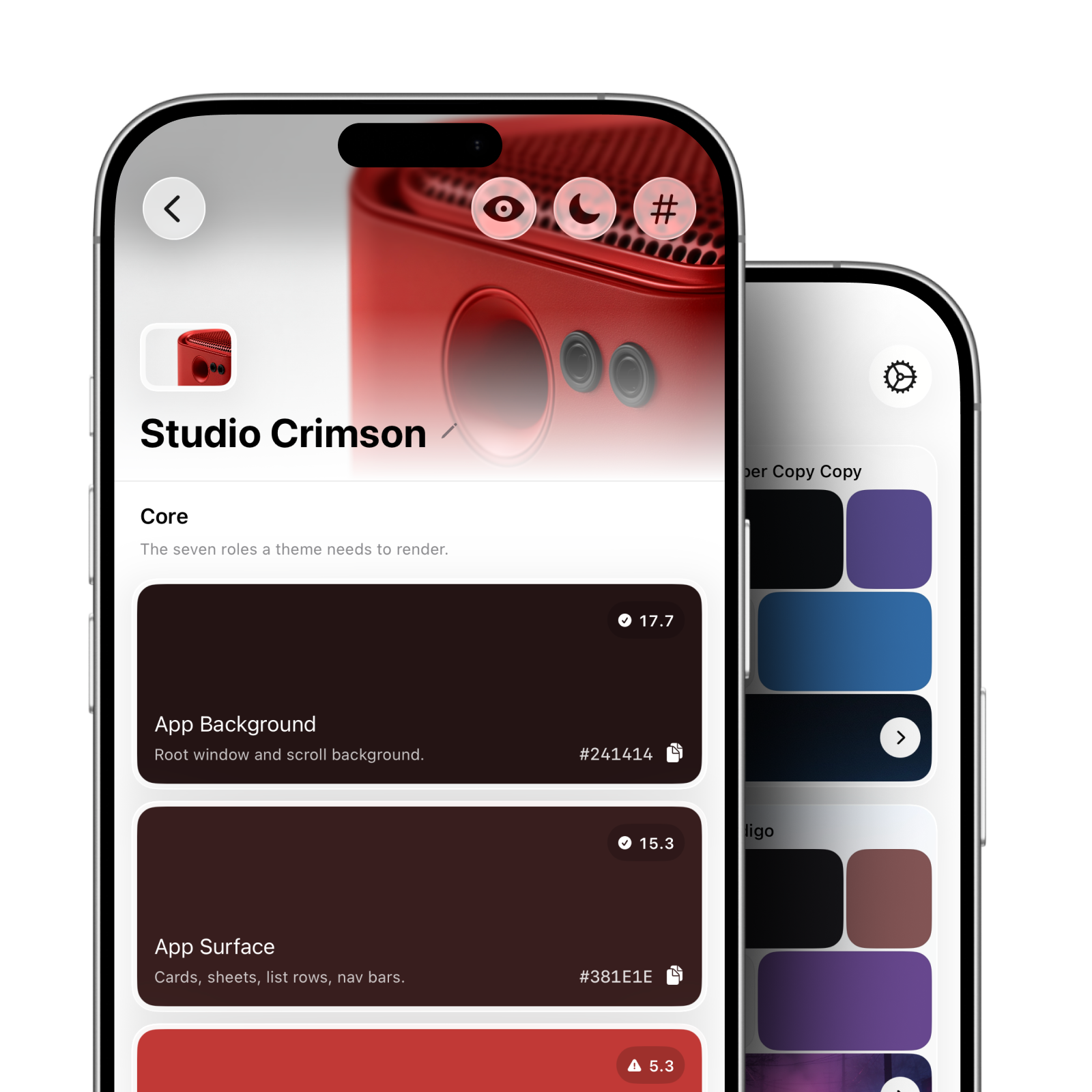 SwatchForge palette detail and library displayed on iPhones